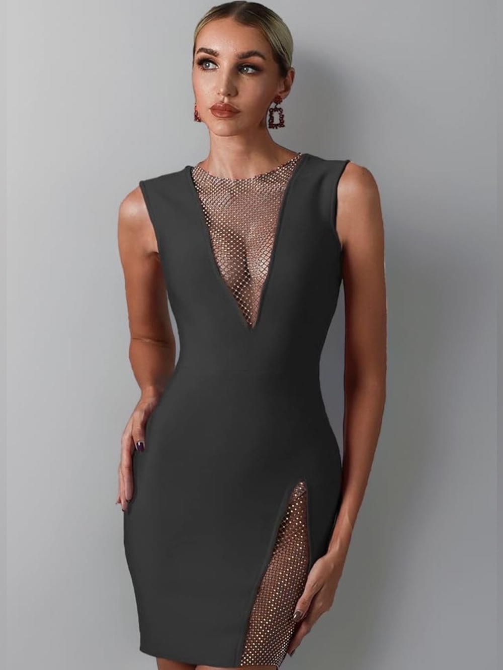 BELLA BARNETT MESH JEWELED INSET MINI COCKTAIL DRESS, BLACK, MEDIUM